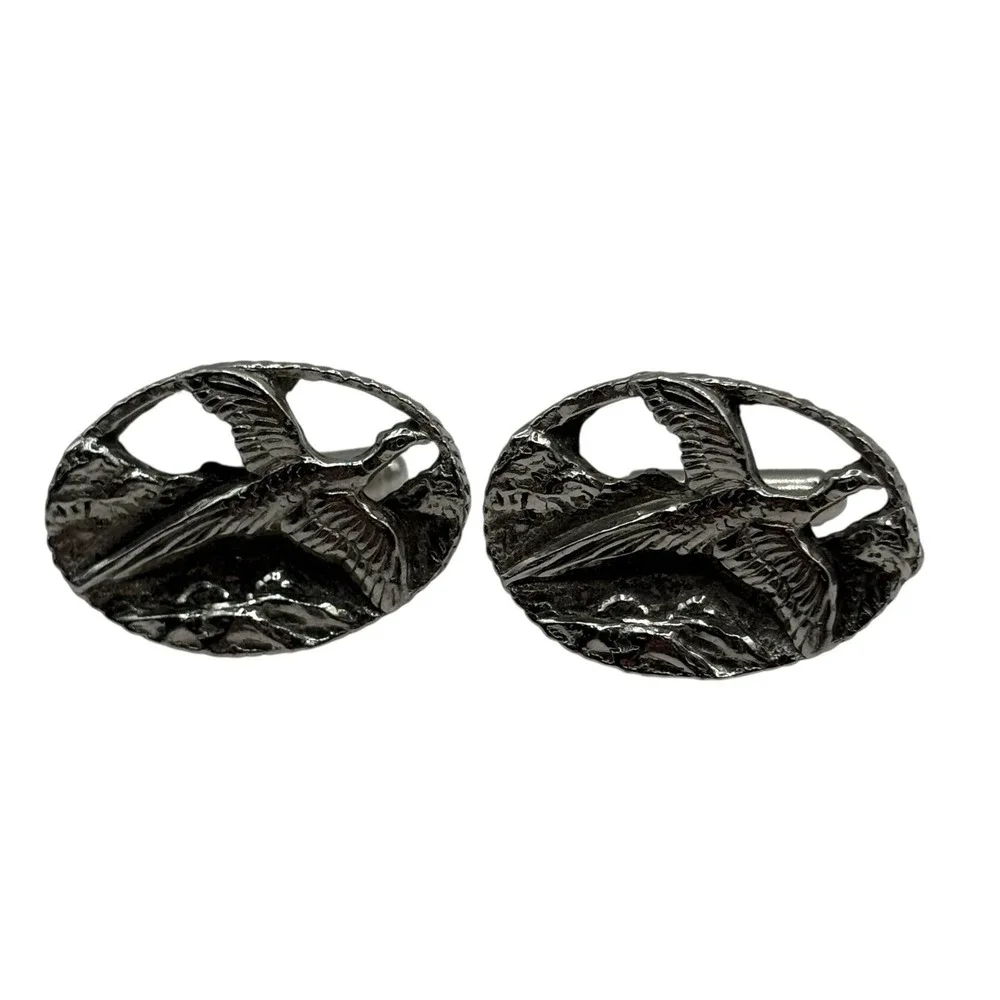 Bird Pheasant In‎ Flight Cufflinks Silver Tone Hunting Oval Open Work Nature